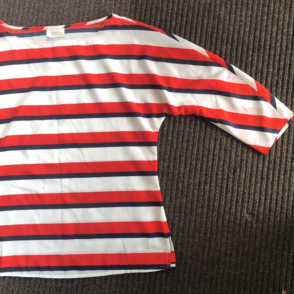 Loft Striped 3/4 Sleeve Blouse Tunic Orange Navy